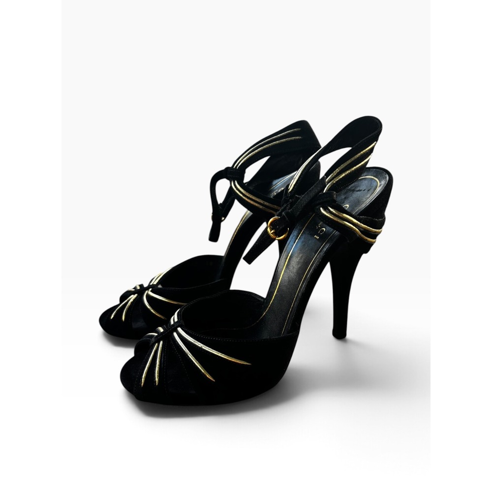 Vintage Y2K Gucci Malika Suede Sz 38 US 8 Black Gold Peep Toe Ankle Strap Heels